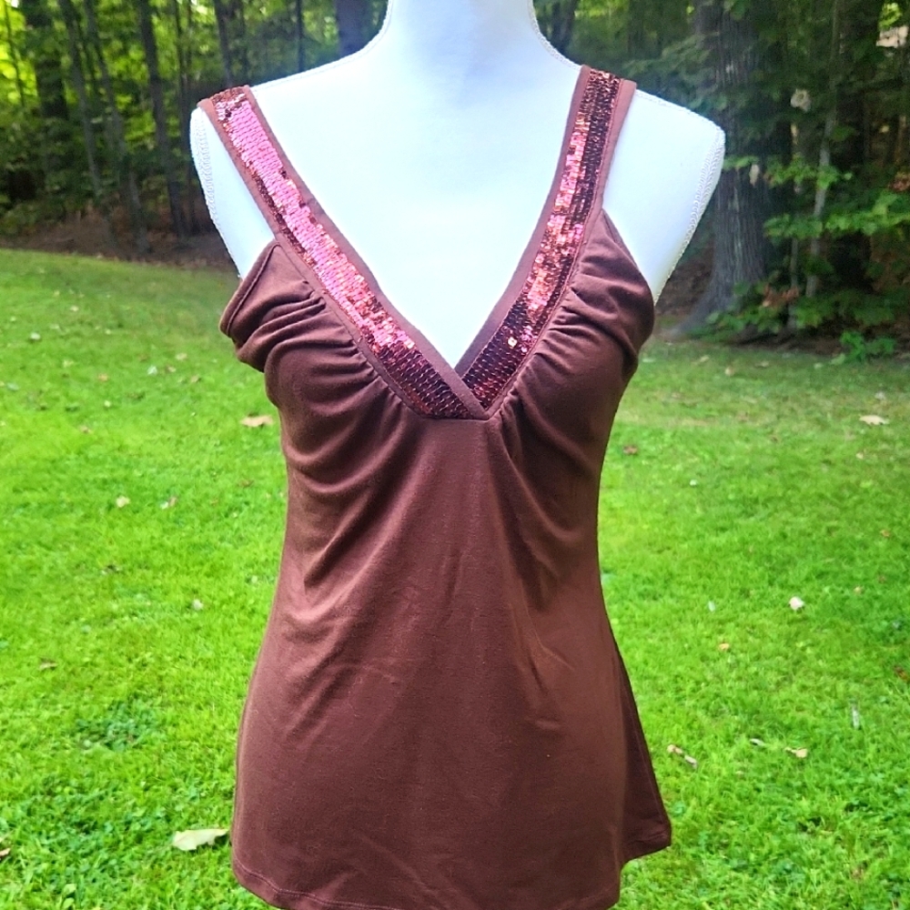 Vintage Y2K Brown Sequin V-Neck Tank Top Whimsigoth Mermaid